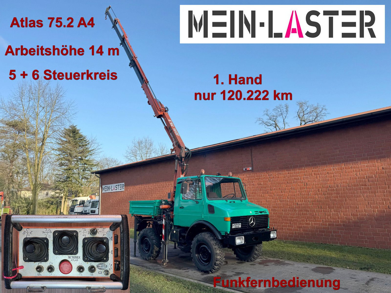 Unimog U 1200 Atlas 75.2 Kran 14 m Funk FB *1. Hand - Camion cu macara, Camion basculantă: Foto 1 Unimog U 1200 Atlas 75.2 Kran 14 m Funk FB *1. Hand - Camion cu macara, Camion basculantă: Foto 1