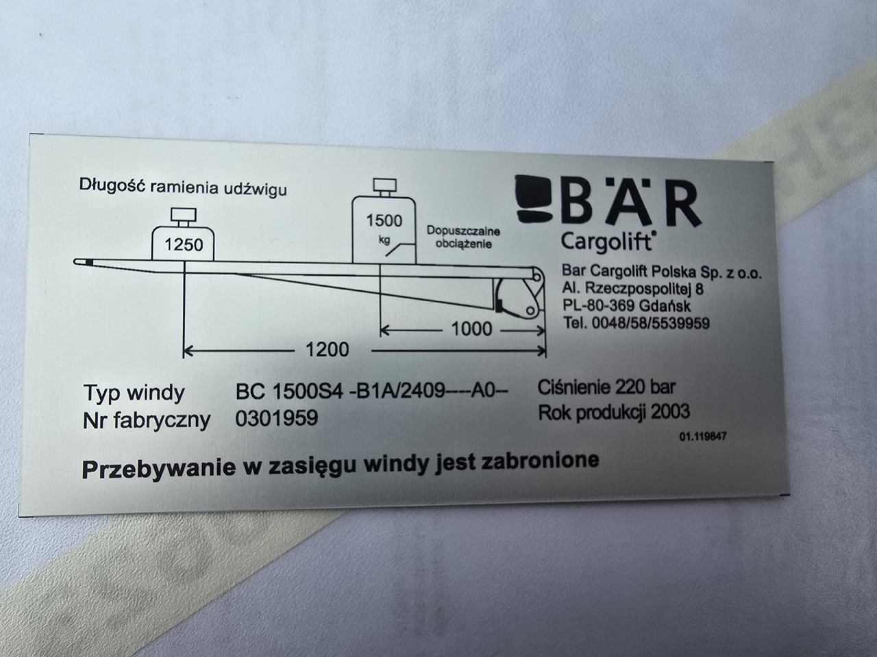 BAR Cargolift BC 1500S4 -B1A/2409--A0- - Oblon hidraulic: Foto 2 BAR Cargolift BC 1500S4 -B1A/2409--A0- - Oblon hidraulic: Foto 2