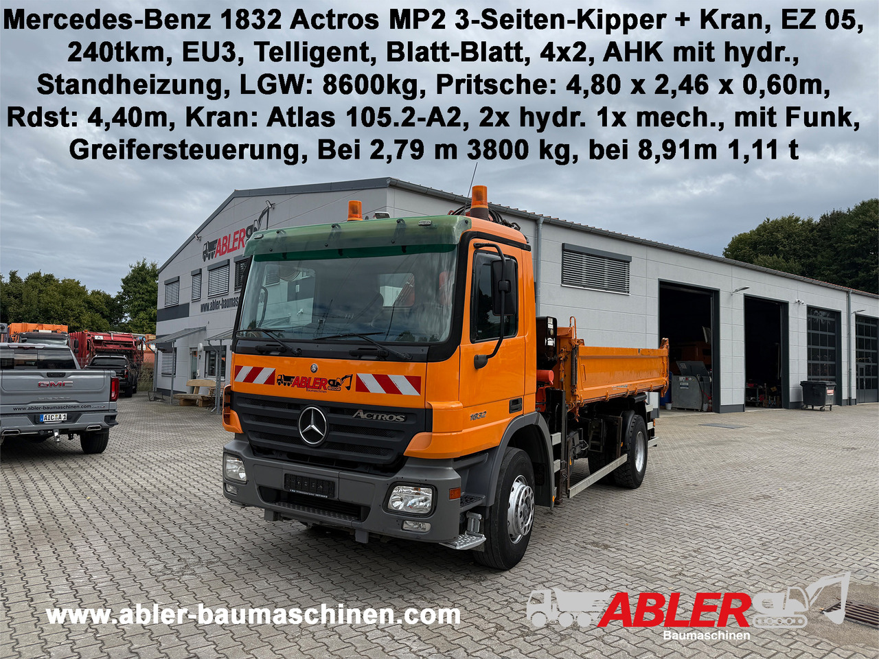 Mercedes-Benz 1832 Actros MP2 3-Seiten-Kipper mit Kran + Funk - Camion basculantă, Camion cu macara: Foto 1 Mercedes-Benz 1832 Actros MP2 3-Seiten-Kipper mit Kran + Funk - Camion basculantă, Camion cu macara: Foto 1
