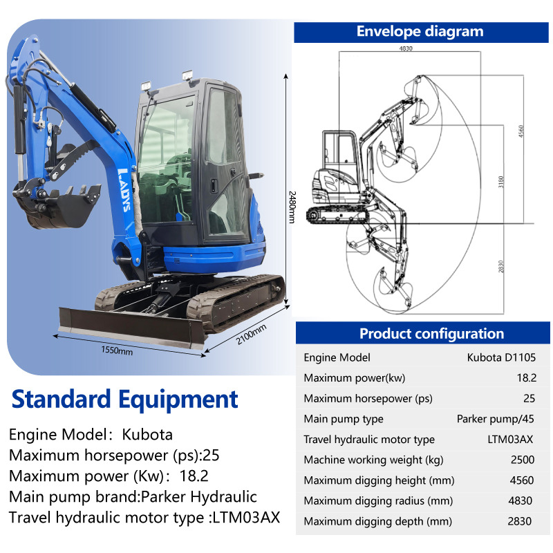 LADYS DY25U Mini Excavator Digger Miniexcavadora EPA Kubota Engine Mini Excavator For Sale With Mini Excavator Attachment Set - Excavator pe şenile: Foto 2 LADYS DY25U Mini Excavator Digger Miniexcavadora EPA Kubota Engine Mini Excavator For Sale With Mini Excavator Attachment Set - Excavator pe şenile: Foto 2