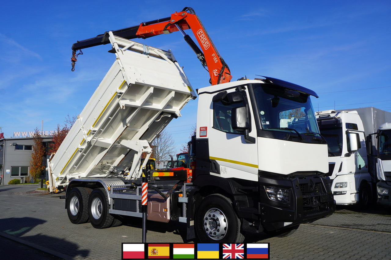 RENAULT C380 E6 6×4 / HDS Fassi F135 2700 MTH / Range 8 m / 5.6 t lifting capacity / 3-side tipper / Bortmatic - Camion cu macara: Foto 1 RENAULT C380 E6 6×4 / HDS Fassi F135 2700 MTH / Range 8 m / 5.6 t lifting capacity / 3-side tipper / Bortmatic - Camion cu macara: Foto 1
