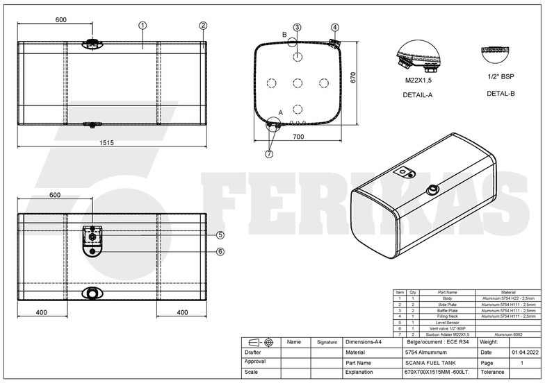 Rezervor combustibil pentru Camion nou Scania New aluminum fuel tank 600L: Foto 8