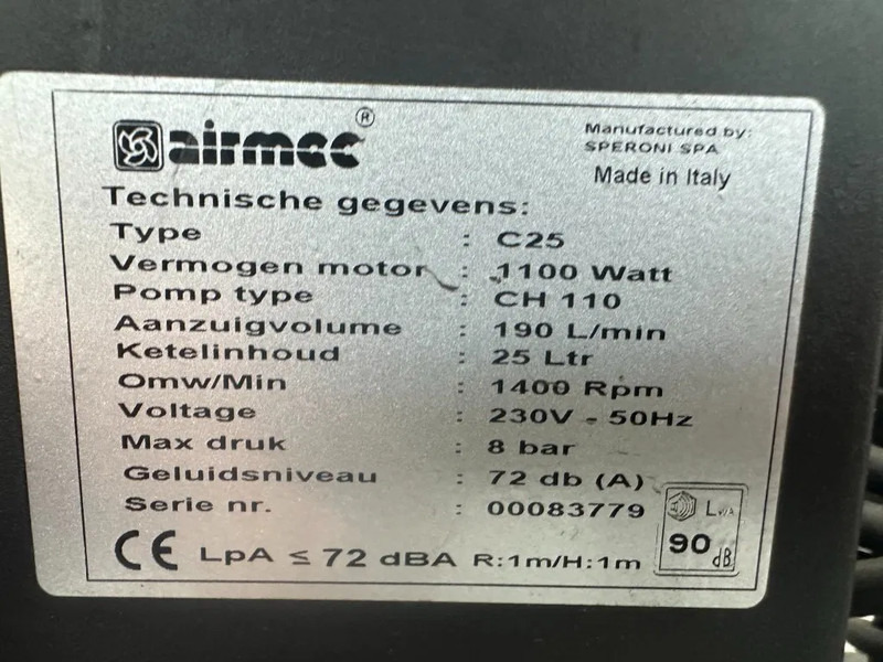 Airmec C25 Oliegesmeerde Zuigercompressor 1.65 PK 190 L / min 8 Bar Overstock - Compresor de aer: Foto 3 Airmec C25 Oliegesmeerde Zuigercompressor 1.65 PK 190 L / min 8 Bar Overstock - Compresor de aer: Foto 3